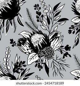 Black and white seamless pattern with line art protea flowers on gray background. Monochrome tropical floral background.