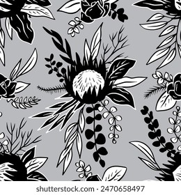 Black and white seamless pattern with line art protea flowers on gray background. Monochrome tropical floral background.