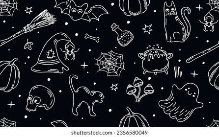 Black  white seamless pattern of linear elements for Halloween.Pumpkin, spider, web, hat, broom, skull, ghost, cats, bat, bone, potion,star,dot.Hand drawn print on fabric and paper.Vector illustration