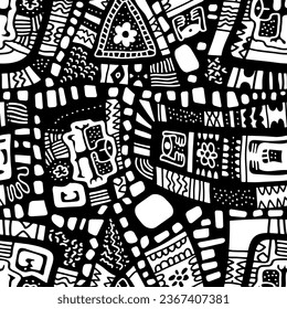 Black and white seamless pattern with linear shapes and blots.