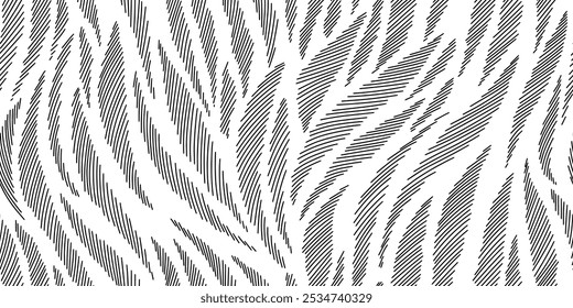 Black and white seamless pattern with linear leaves. Line botanical illustration