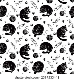 Black and white seamless pattern with lying hand drawn cats. Vector isolated pets in flat cartoon minimalistic style. Trendy kids pattern design on white background. Ideal for textile, wrapping paper