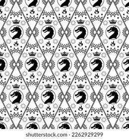 Black and white seamless pattern made up of dragons and wyverns. Endless pattern for printing on package, wrappers, cards, clothes or accessories. Wallpaper or poster for series House of the Dragon.