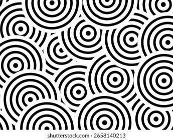 black and white seamless pattern made up of multiple concentric circles. 