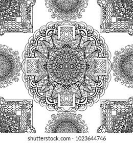 Black and white seamless pattern. Mandala asian background. Vector indian illustration.