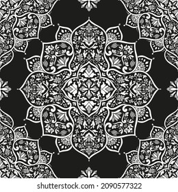 Black and white seamless pattern with mandala ornament. Traditional Arabic, Indian motifs. Great for fabric and textile, wallpaper, packaging or any desired idea.