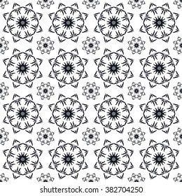 Black and white seamless pattern with mandala round circular ornament, geometric floral pattern, decorative repeating fabric texture. Tribal ethnic motif, vector abstract background