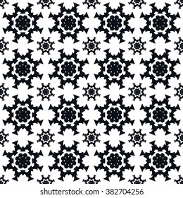 Black and white seamless pattern with mandala round circular ornament, geometric floral pattern, decorative repeating fabric texture. Tribal ethnic motif, vector abstract background