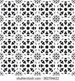 Black and white seamless pattern with mandala round circular ornament, geometric floral pattern, decorative repeating fabric texture. Tribal ethnic motif, vector abstract background