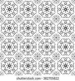 Black and white seamless pattern with mandala round circular ornament, geometric floral pattern, decorative repeating fabric texture. Tribal ethnic motif, vector abstract background