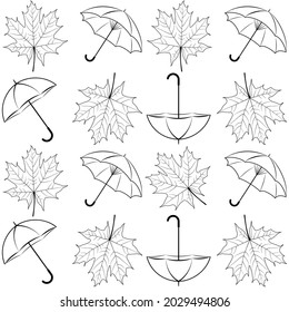 Black and white, seamless pattern. Maple leaves and umbrellas on a white background.