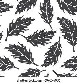 black and white seamless pattern with maple leaves silhouettes