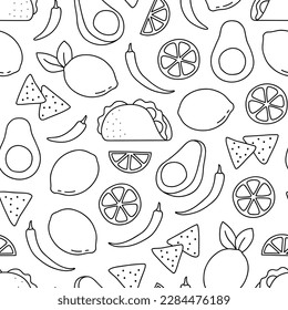 Black and white seamless pattern of Mexican food line doodle