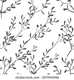 Black and white seamless pattern with mistletoe