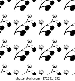 Black white is a seamless pattern. Monochrome pattern consists of flowers and leaves drawn by hand brush. A beautiful repetitive pattern of plants and flowers. Vector eps illustration.