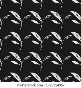 El blanco negro es un patrón sin fisuras. El patrón monocromo consiste en flores y hojas dibujadas con pincel a mano. Un hermoso patrón repetitivo de plantas y flores. Ilustración Vector eps.