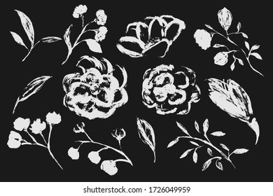 Black white is a seamless pattern. Monochrome pattern consists of flowers and leaves drawn by hand brush. A beautiful repetitive pattern of plants and flowers. Vector eps illustration.