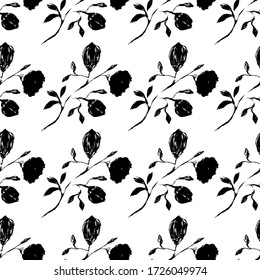 El blanco negro es un patrón sin fisuras. El patrón monocromo consiste en flores y hojas dibujadas con pincel a mano. Un hermoso patrón repetitivo de plantas y flores. Ilustración de vectores.