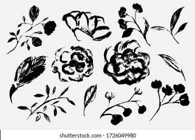 Black white is a seamless pattern. Monochrome pattern consists of flowers and leaves drawn by hand brush. A beautiful repetitive pattern of plants and flowers. Vector eps illustration.