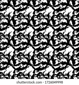 Black white is a seamless pattern. Monochrome pattern consists of flowers and leaves drawn by hand brush. A beautiful repetitive pattern of plants and flowers. Vector eps illustration.