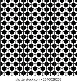black and white seamless pattern, monochrome geometric pattern, hexagonal and pentagonal shapes, tessellated design that interlocks to continuous surface, stylized architectural elements, honeycomb