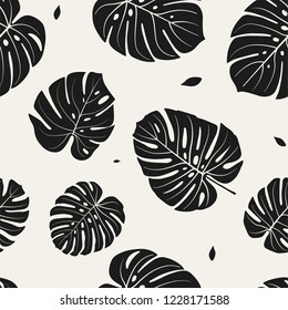 Black and White Seamless Pattern with Monstera Tropical Jungle Plant Big Palm Leaves. Floral Black Background Print for Textile, Wallpaper and Wrapping.