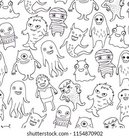 black and white seamless pattern with monsters
