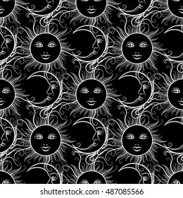 Black and white seamless pattern with moon sun and ornamental elements. Vector illustration