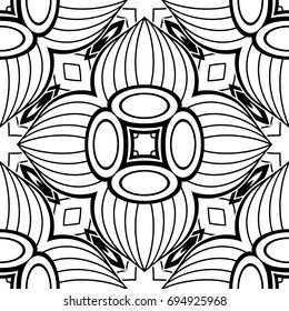 Black and White Seamless Pattern with Mosaic Floral Motif. Endless Tribal Texture. Tile Background, Kaleidoscope. Pressured Printing Template. Vector Contour Illustration. Abstract Art, Ethnic Style