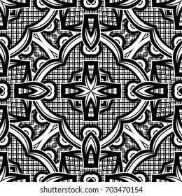 Black and White Seamless Pattern with Mosaic Motif. Endless Tribal Texture. Tile Background, Kaleidoscope. Pressured Printing Template. Vector Contour Illustration. Abstract Art, Ethnic Style