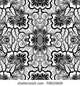 Black and White Seamless Pattern with Mosaic Floral Motif. Endless Tribal Texture. Tile Background, Kaleidoscope. Pressured Printing Template. Vector Contour Illustration. Abstract Art, Ethnic Style