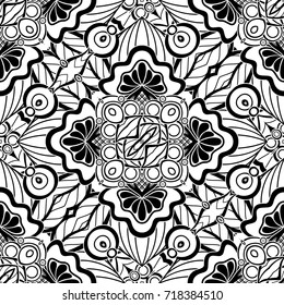 Black and White Seamless Pattern with Mosaic Floral Motif. Endless Tribal Texture. Tile Background, Kaleidoscope. Pressured Printing Template. Vector Contour Illustration. Abstract Art, Ethnic Style