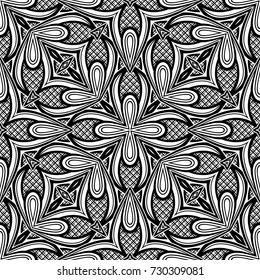 Black and White Seamless Pattern with Mosaic Floral Motif. Endless Tribal Texture. Tile Background, Kaleidoscope. Pressured Printing Template. Vector Contour Illustration. Abstract Art, Ethnic Style