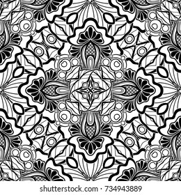 Black and White Seamless Pattern with Mosaic Floral Motif. Endless Tribal Texture. Tile Background, Kaleidoscope. Pressured Printing Template. Vector Contour Illustration. Abstract Art, Ethnic Style