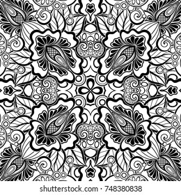 Black and White Seamless Pattern with Mosaic Floral Motif. Endless Tribal Texture. Tile Background, Kaleidoscope. Pressured Printing Template. Vector Contour Illustration. Abstract Art, Ethnic Style