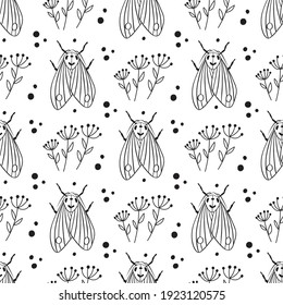 Black and white seamless pattern with moths and butterflies. Textile and wrapping design. Vector illustration.