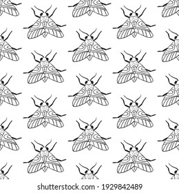 Black and white seamless pattern with moths and butterflies. Textile and wrapping design. Vector illustration.
