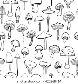 Black and white seamless pattern mushrooms for coloring book. Vector 