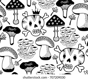 Black and white seamless pattern with mushrooms and skulls. Vector doodle illustration drawn by hand. Endless background for coloring book.
