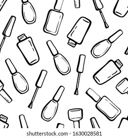 Black and white seamless pattern with nail polish bottles and brushes. Contour nail polish bottles. Background for nail shop, nail studio, beauty blog, social media post, wrapping, textile, paper.