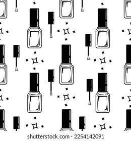 Black and white seamless pattern with nail polish bottles and brushes. Contour nail polish bottles. Background for nail shop, beauty blog, nail studio, social media post, wrapping paper, textile.