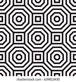 Black and white seamless pattern with octagons and squares.