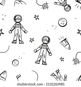 Black and white seamless pattern on cosmic theme representing cosmonaut or astronaut, rocket ship, stars, some abstract figures and small flag among the rockets.