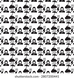 Black and white seamless pattern of open umbrellas arranged in a clean geometric grid layout.