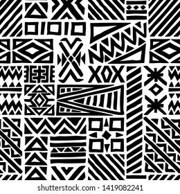 Black and white seamless pattern. Ornament in patchwork style. Vector illustration.