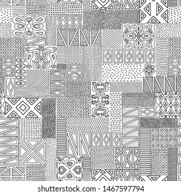 Black and white seamless pattern. Ornament in patchwork style. Vector illustration.