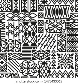 Black and white seamless pattern. Ornament in patchwork style. Vector illustration.