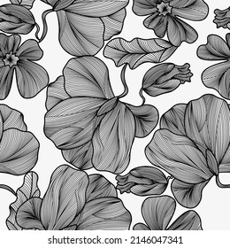 en blanco y negro, con adorno de amapolas, brotes y hojas. fondo de pantalla monocromo para cubrir la superficie de cualquier forma