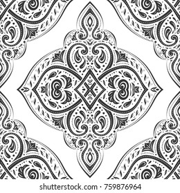 Black and white seamless pattern. Ornament, paisley elements. Royal design. Traditional, Ethnic, Turkish, Indian motifs. Great for fabric and textile, wallpaper, packaging or any desired idea. 