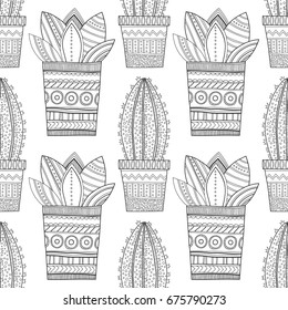 Black and white seamless pattern of ornamental cacti and succulents for coloring books, pages